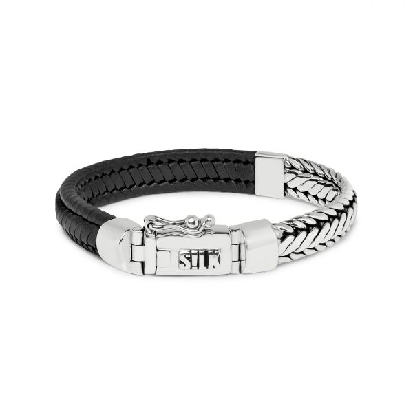 193BLK Armband silber & leder Schwarz