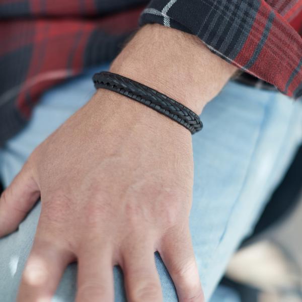 742BLK Armband Leder Schwarz Heren WEAVE Collection