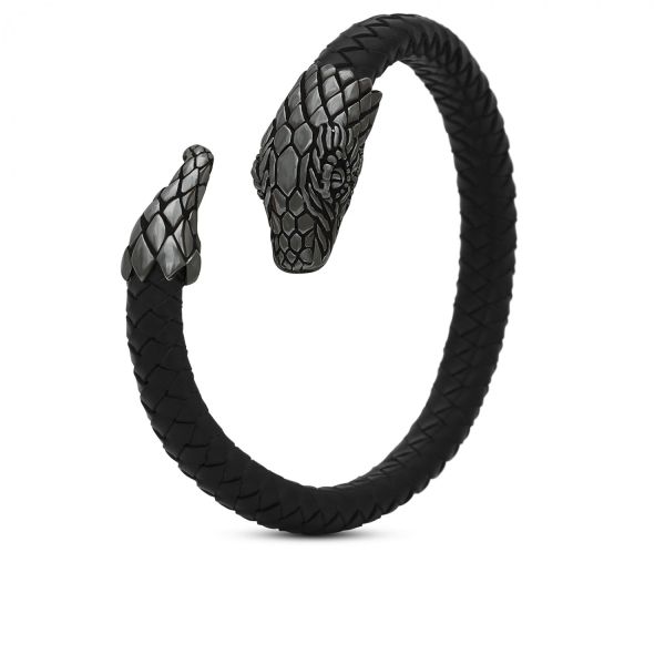 S25BLK Schlange Bangle Schwarz Rhodium & leder Fierce Collection